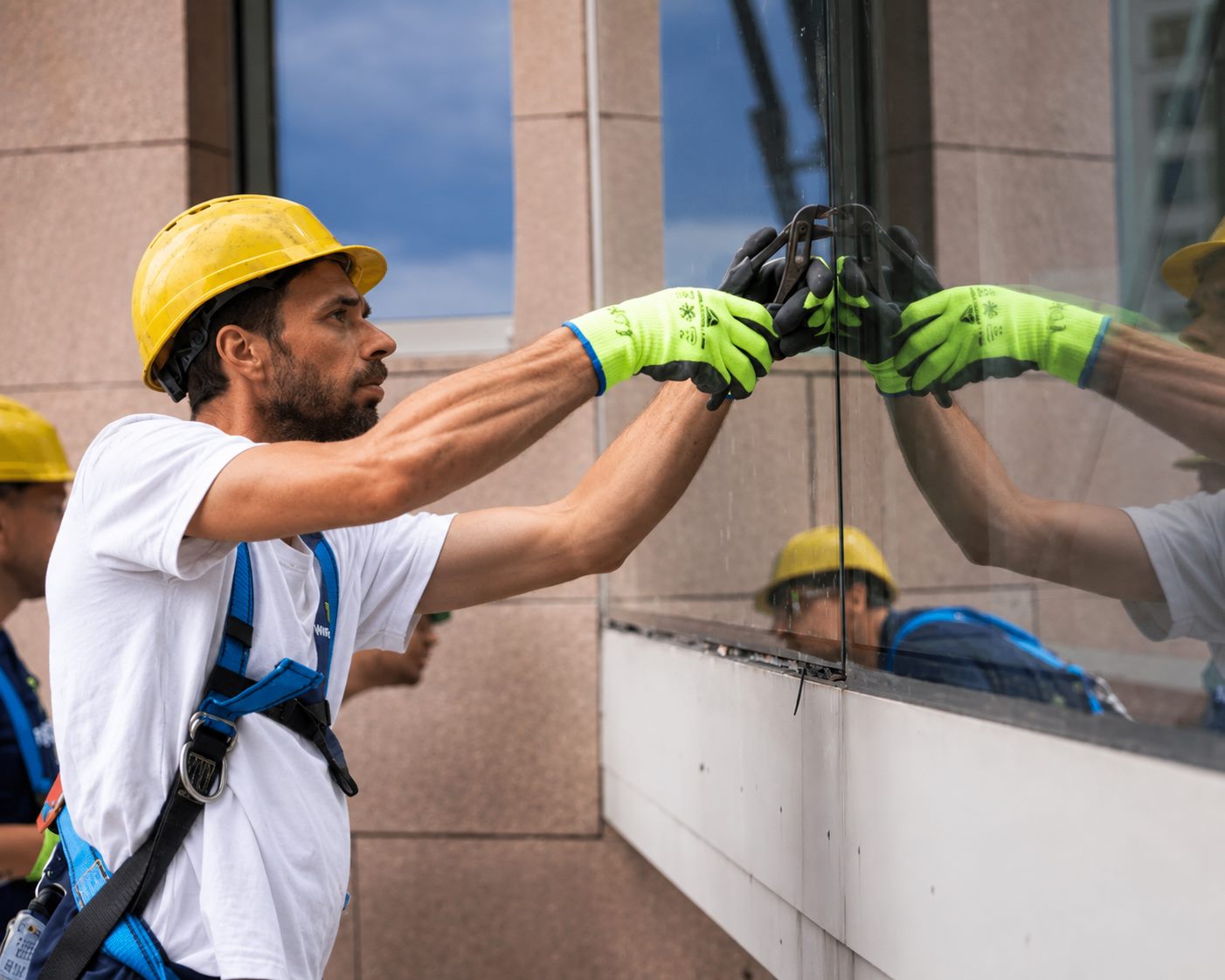 Glaszetter plaatst een grote glasplaat in een gevel in Amsterdam