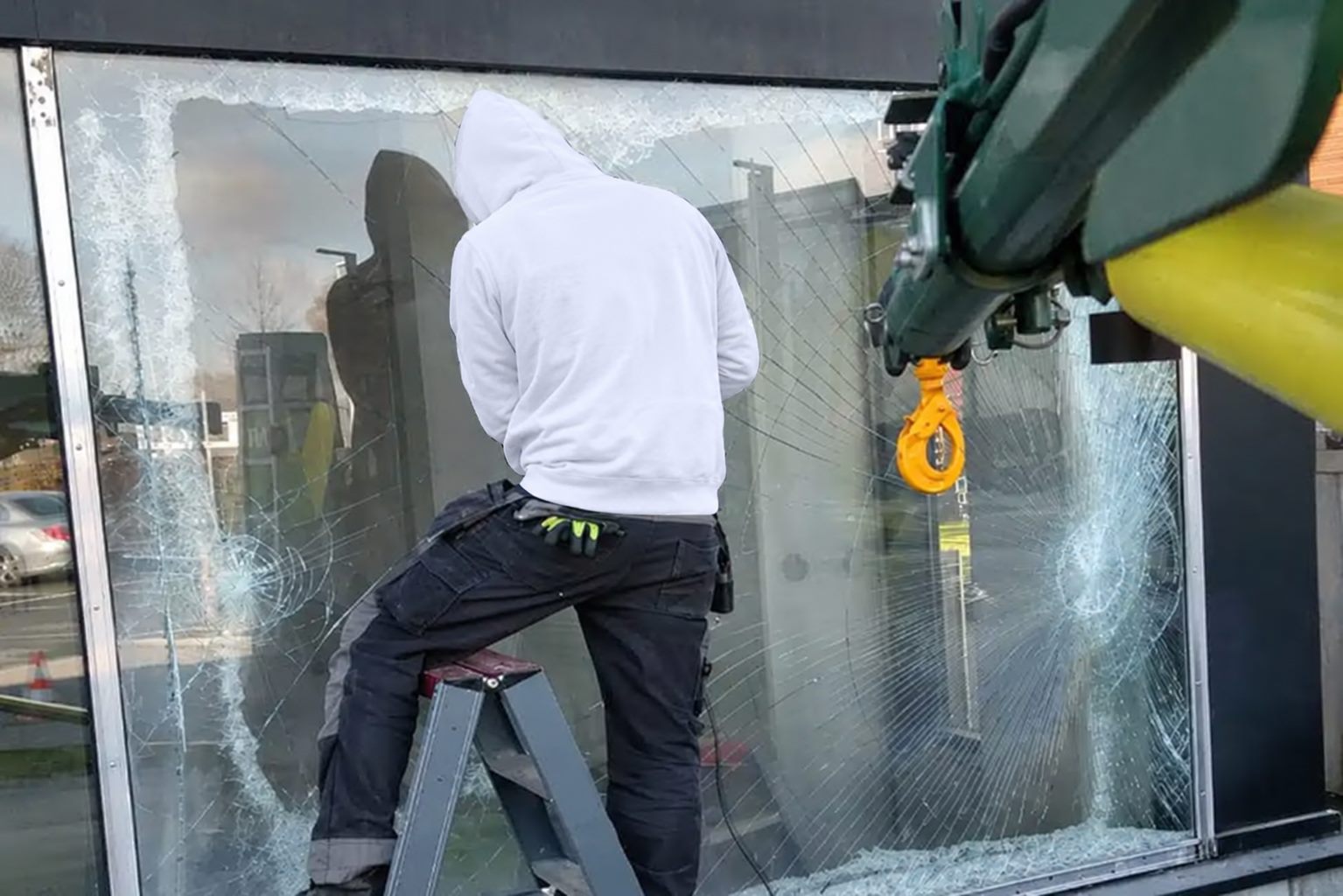 Gesprongen etalageruit wordt vervangen na glasschade